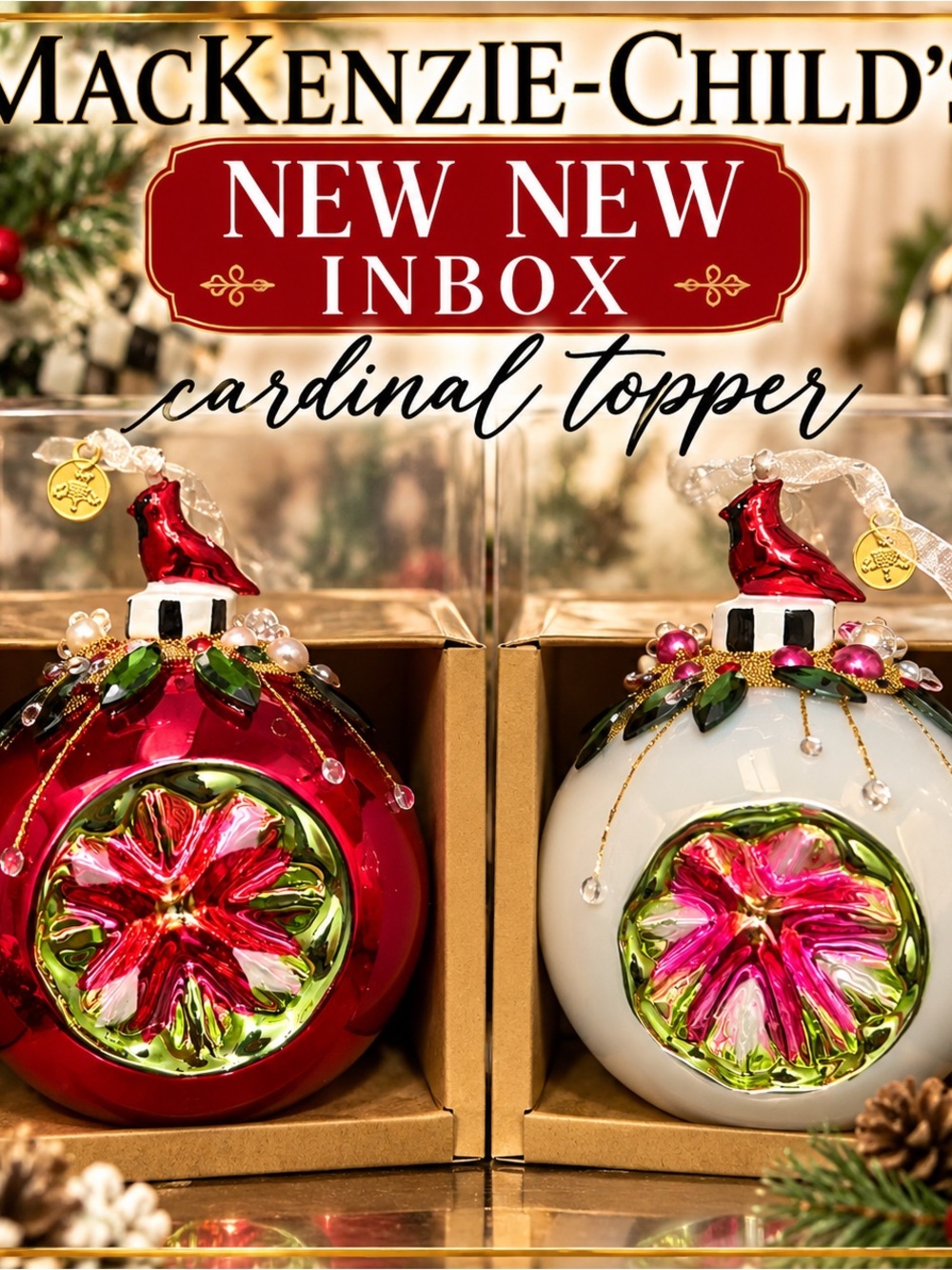 Kurt Adler Cardinal Topper Ornaments - Red and White with Pink & Green Accents